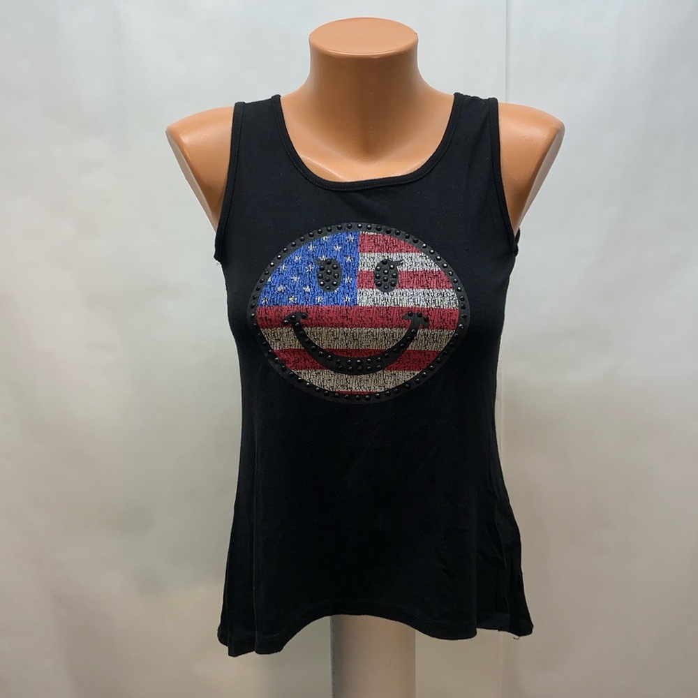 Yom Yom red white blue face gems black tank top women’s hi low hem